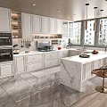 Modern Kitchen Interior With White Cabinets Marble Island And Brass Bar Stools