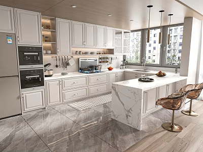 Modern Kitchen Interior With White Cabinets Marble Island And Brass Bar Stools 3d model