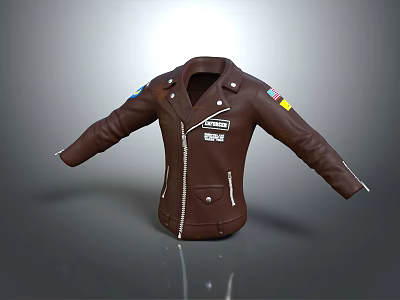 Brown Leather Jacket With Zipper Closure Colorful Patches On Sleeves And Text On Chest 3d model