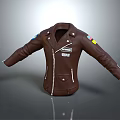 Brown Leather Jacket With Zipper Closure Colorful Patches On Sleeves And Text On Chest