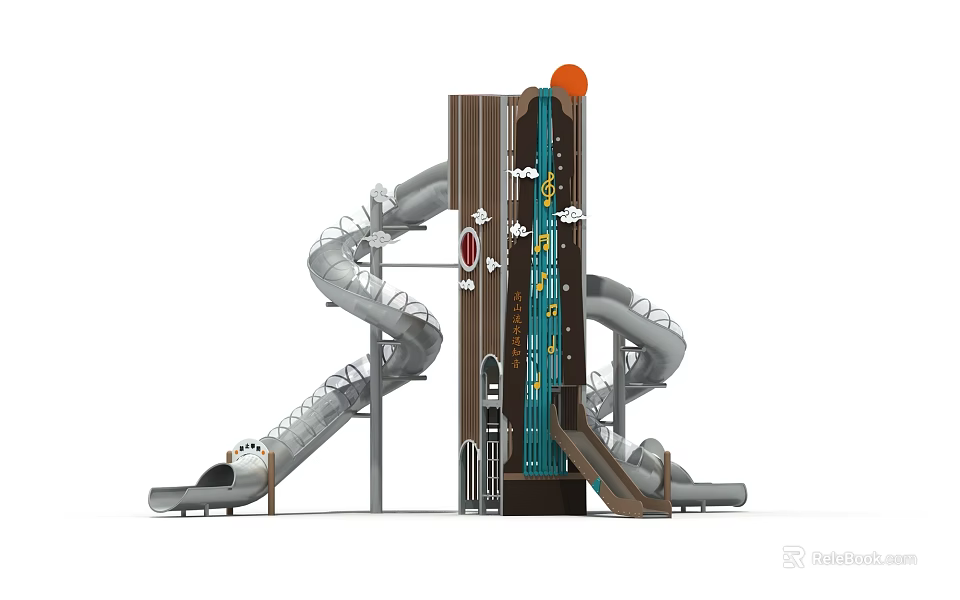 Kids Playground Slide Structure Featuring Multiple Gray Slides Brown Blue Panels And Orange Sphere 3d model