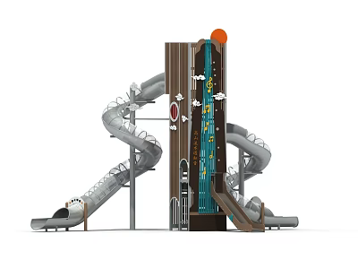 Kids Playground Slide Structure Featuring Multiple Gray Slides Brown Blue Panels And Orange Sphere 3d model