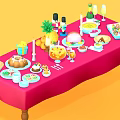 Red Tablecloth Dining Table With Assorted Foods Fruits Drinks And Candles