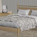 Cozy Bedroom With Wooden Bed Gray Pillows Patterned Quilt Nightstand Table Lamp Curtains And Rug