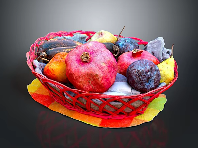 Red Woven Basket Filled With Fresh Assorted Fruits On Colorful Mat 3d model