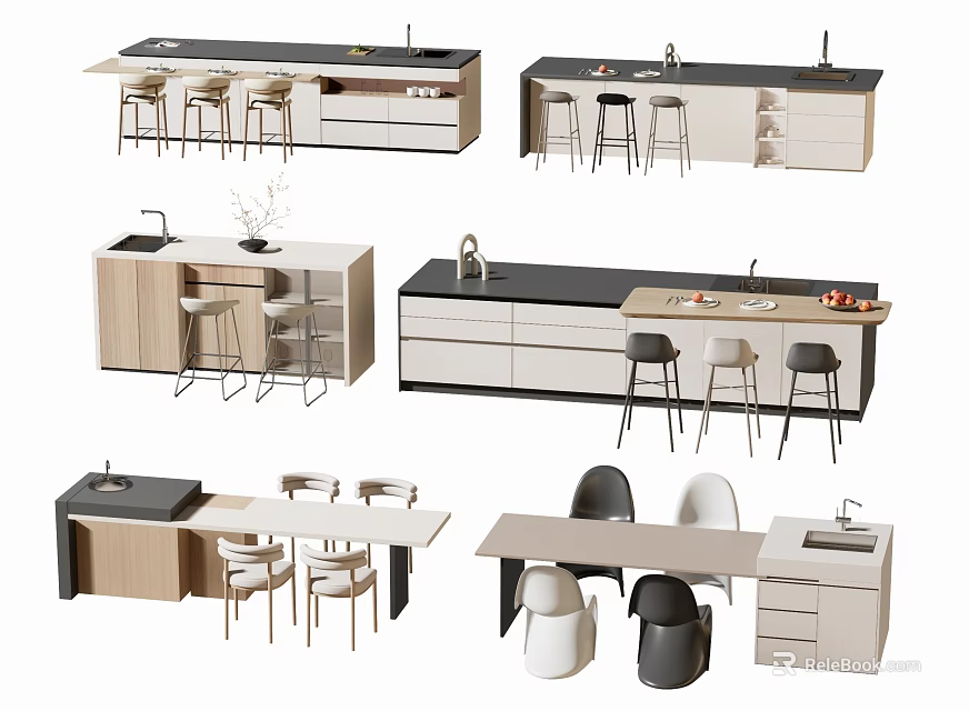 Modern Bar Counter Design With Wooden Cabinets Black Countertop And Bar Stools 3d model 