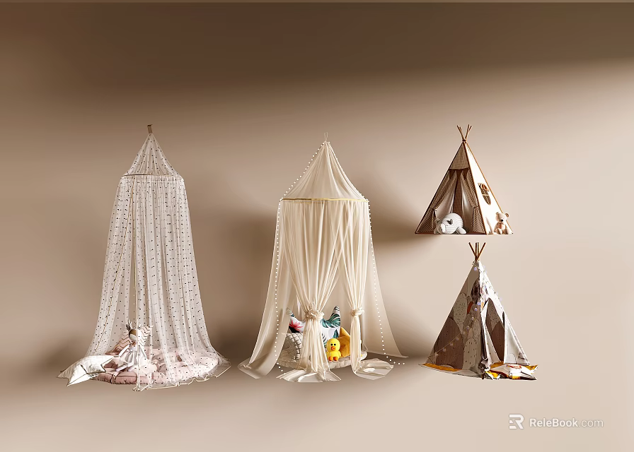 Various Styles of Bed Canopy with Lace Netting and Decorative Dolls for Children's Bedroom 3d model 