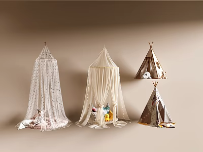 Various Styles of Bed Canopy with Lace Netting and Decorative Dolls for Children's Bedroom 3d model