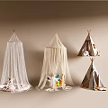 Various Styles of Bed Canopy with Lace Netting and Decorative Dolls for Children's Bedroom