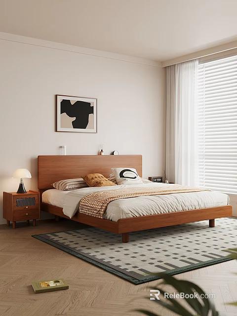 Natural Walnut Solid Wood Double Bed With Cozy Bedding For Warm Minimalist Bedroom Interior Design 3d model 