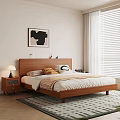 Natural Walnut Solid Wood Double Bed With Cozy Bedding For Warm Minimalist Bedroom Interior Design