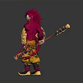 Mythical Warrior Character With Red Hair Golden Armor And Dragon Staff Tail