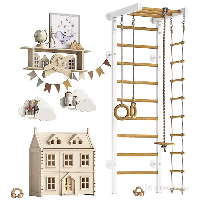 Kids Room Decorations With Wooden Toy House Bunting Flags Clouds Climbing Ladder And Gym Rings 3d model 