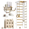 Kids Room Decorations With Wooden Toy House Bunting Flags Clouds Climbing Ladder And Gym Rings