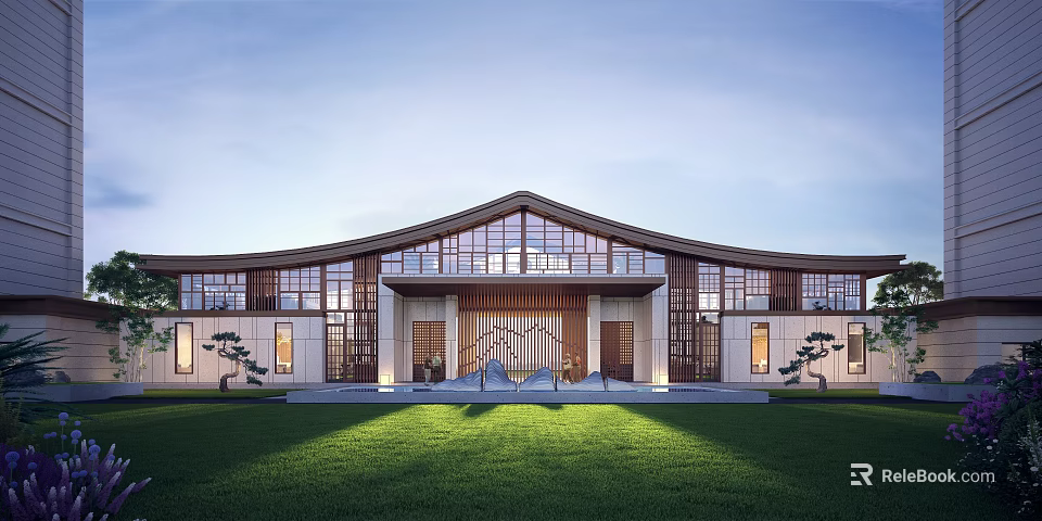 Grand Modern Chinese Entrance Gate with Curved Roof Glass Windows Front Lawn and Decorative Plants 3d model 