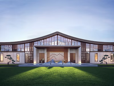 Grand Modern Chinese Entrance Gate with Curved Roof Glass Windows Front Lawn and Decorative Plants 3d model