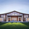 Grand Modern Chinese Entrance Gate with Curved Roof Glass Windows Front Lawn and Decorative Plants