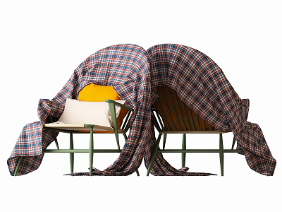 Stylish Single Chair Covered With Plaid Fabric Green Legs White Cushion And Yellow Seat Detail 3d model