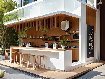 Modern Milk Tea Shop With Wooden Bar Outdoor Seats And Green Plants Decor 3d model