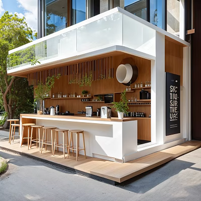 Modern Milk Tea Shop With Wooden Bar Outdoor Seats And Green Plants Decor 3d model