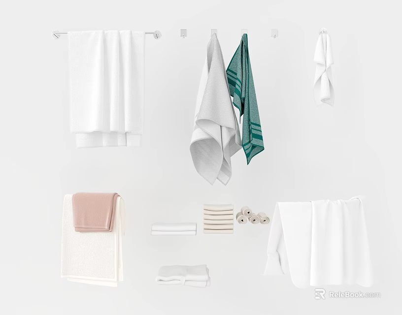 Soft Absorbent Towels Hanging And Folded In White Green Pink Colors 3d model 