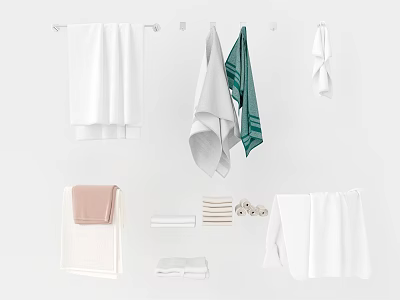 Soft Absorbent Towels Hanging And Folded In White Green Pink Colors 3d model