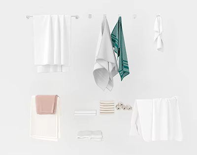 Soft Absorbent Towels Hanging And Folded In White Green Pink Colors 3d model