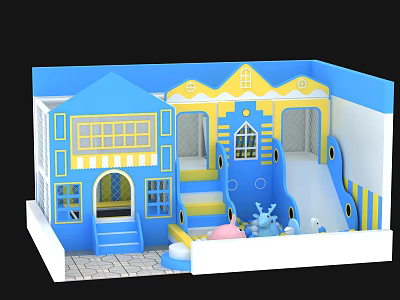 Colorful Kids Playground Equipment With Blue Yellow House Structures Slide And Stairs 3d model