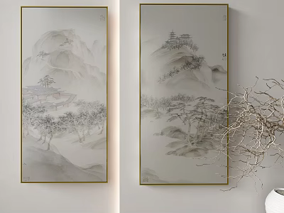 Chinese Ink Wash Landscape Paintings Hanging on Wall with Golden Frame Mountains and Trees 3d model