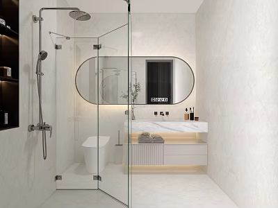 Modern Bathroom Interior Design With Glass Shower Lighted Oval Mirror And White Vanity 3d model