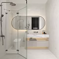 Modern Bathroom Interior Design With Glass Shower Lighted Oval Mirror And White Vanity