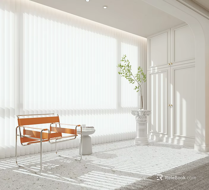 White Venetian Blinds in Bright Interior with Orange Chair White Cabinets Green Plant 3d model 