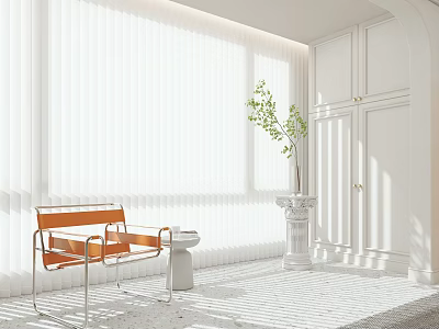 White Venetian Blinds in Bright Interior with Orange Chair White Cabinets Green Plant 3d model