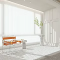 White Venetian Blinds in Bright Interior with Orange Chair White Cabinets Green Plant