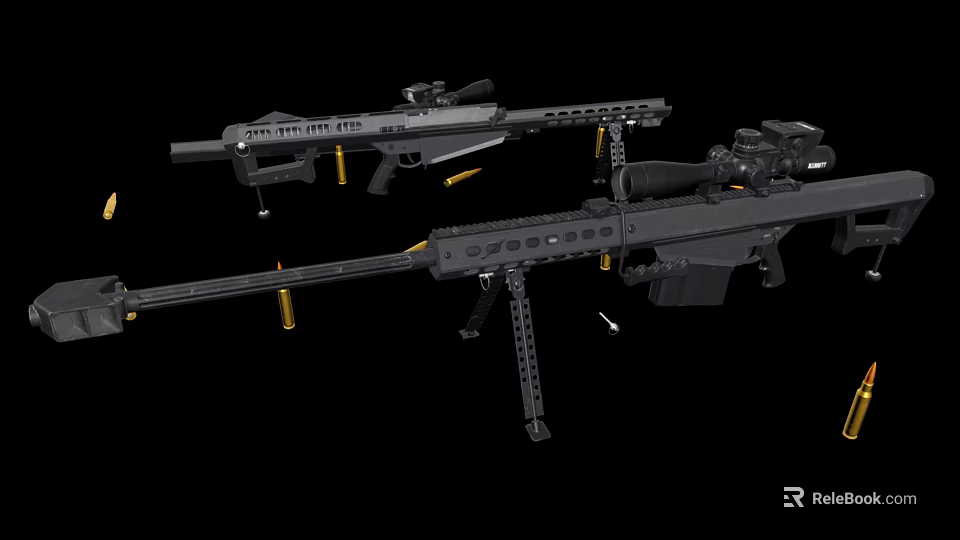 Black Sniper Rifles Detailed Showcase With Scopes Magazines And Bipods 3d model 