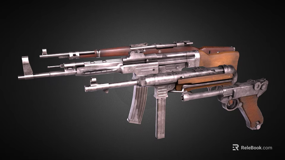 Vintage Rifles With Wooden Stocks And Metal Barrels On Dark Surface 3d model 