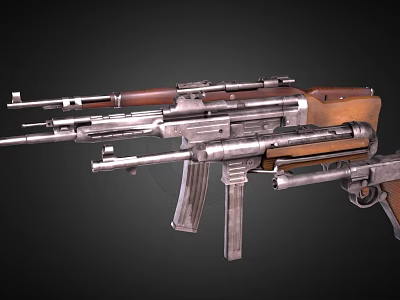 Vintage Rifles With Wooden Stocks And Metal Barrels On Dark Surface 3d model