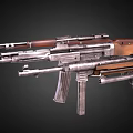 Vintage Rifles With Wooden Stocks And Metal Barrels On Dark Surface