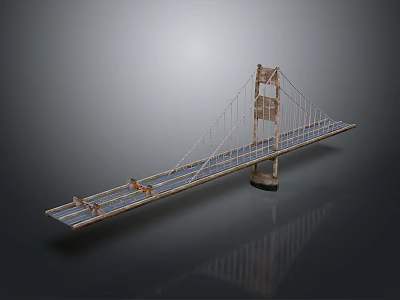 Detailed suspension bridge model with main tower cable stays on gray reflective background 3d model