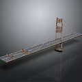 Detailed suspension bridge model with main tower cable stays on gray reflective background