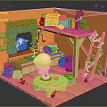 Cute Cartoon Indoor Scene With Blue Cow Curtain Wooden Shelves Round Table And Vine Plants