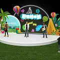 Vibrant Stage with Performers Guitars Hot Air Balloons Palm Trees Neon Lights and Music Notes