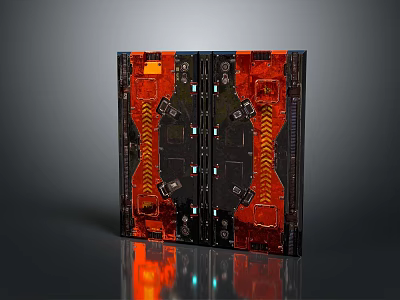 Industrial Style Mechanical Panel Design With Red Black Accents Symmetric Patterns And Reflective Surface 3d model