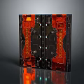 Industrial Style Mechanical Panel Design With Red Black Accents Symmetric Patterns And Reflective Surface