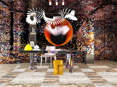 Modern Desk With Colorful Glass Top Artistic Wall And Feather Pendant Light 3d model
