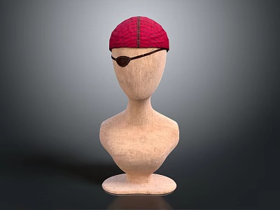 Red Knit Hat with Black Strap on Mannequin Head and Eye Patch 3d model