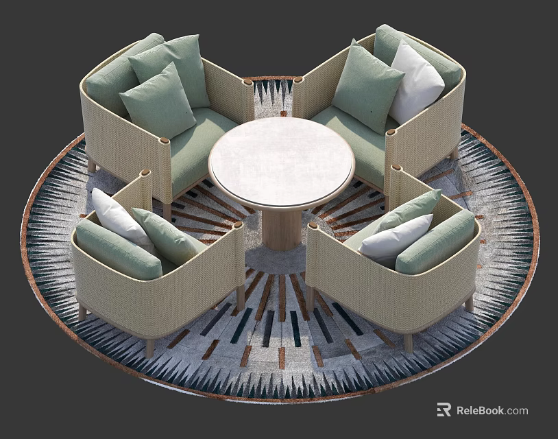 Beige Sofa Set With Light Green Cushions And Round Coffee Table On Geometric Rug 3d model 