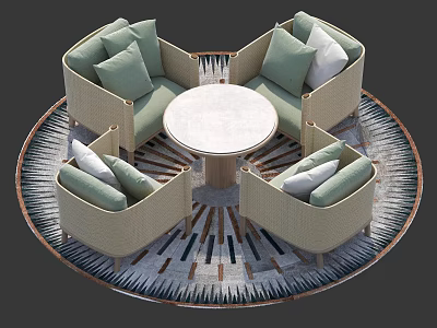 Beige Sofa Set With Light Green Cushions And Round Coffee Table On Geometric Rug 3d model