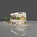 Modern Milk Tea Shop With Logo Counter Outdoor Seating Palm Trees And Patterned Tile Floor
