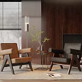Casual Sofa Set With Brown Gray Armchairs Wooden Frames Small Coffee Table And Green Plant